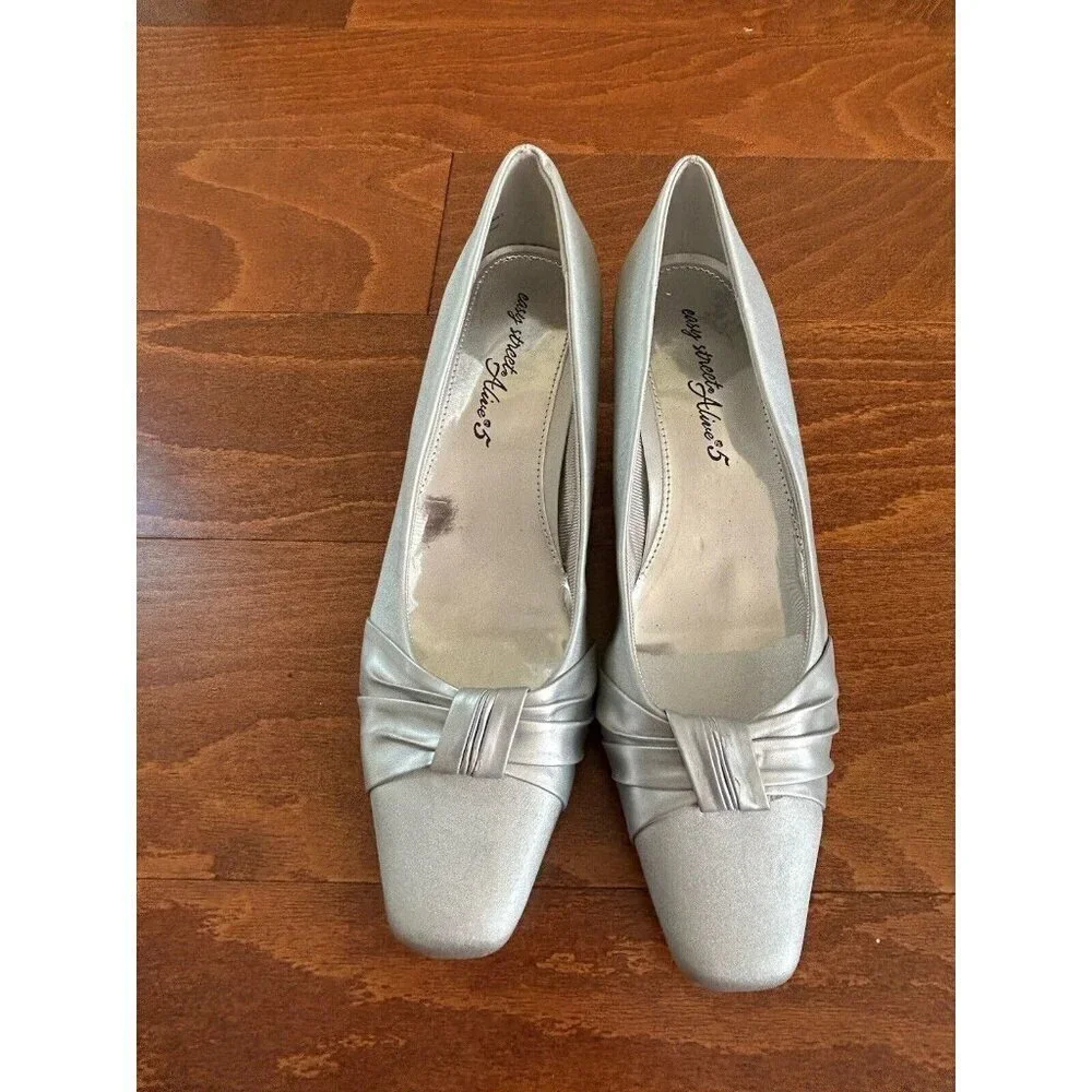 Easy Street Silver Satin Low Flare Heel Dress Pump with Bow